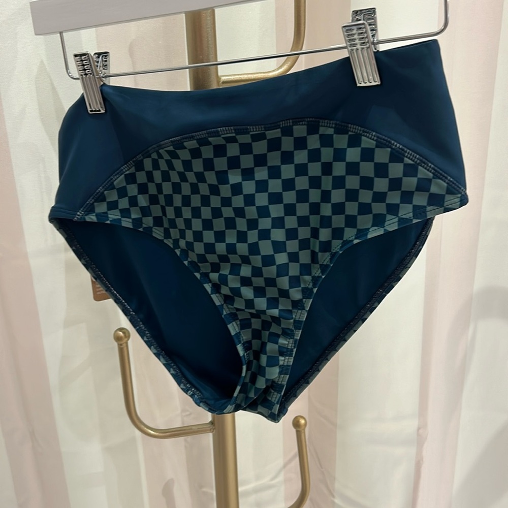 Checks bikini bottom. Blue/pine green